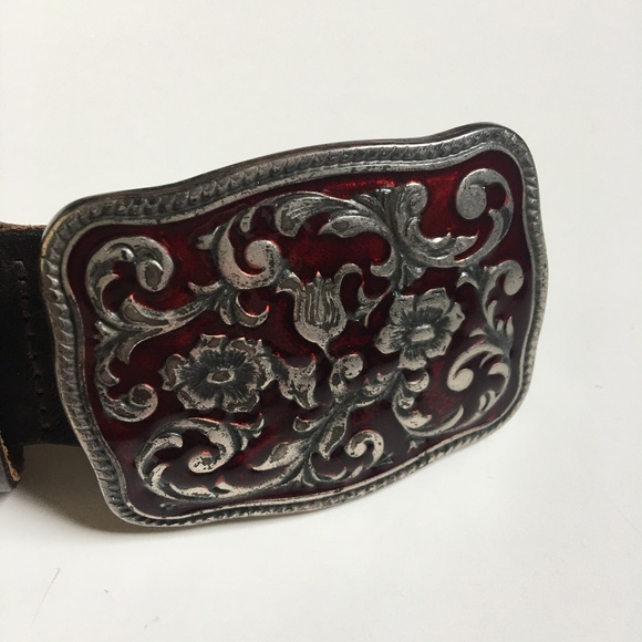 Vintage Boho Italy GAP Floral Enamel Buckle Brown Leather Belt S - Picture 3 of 8